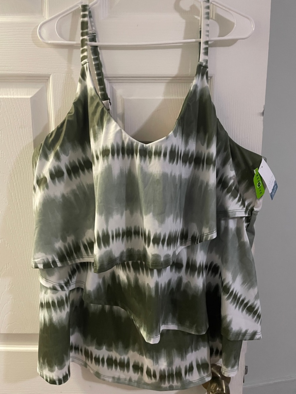 Cacique Olive and White Tie-Dye Tiered Swim Bikini Top